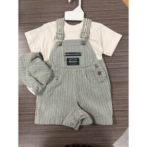 Vintage Beluga Baby Denim Overall Set w/ Hat & Shirt – Striped Shortalls 12m